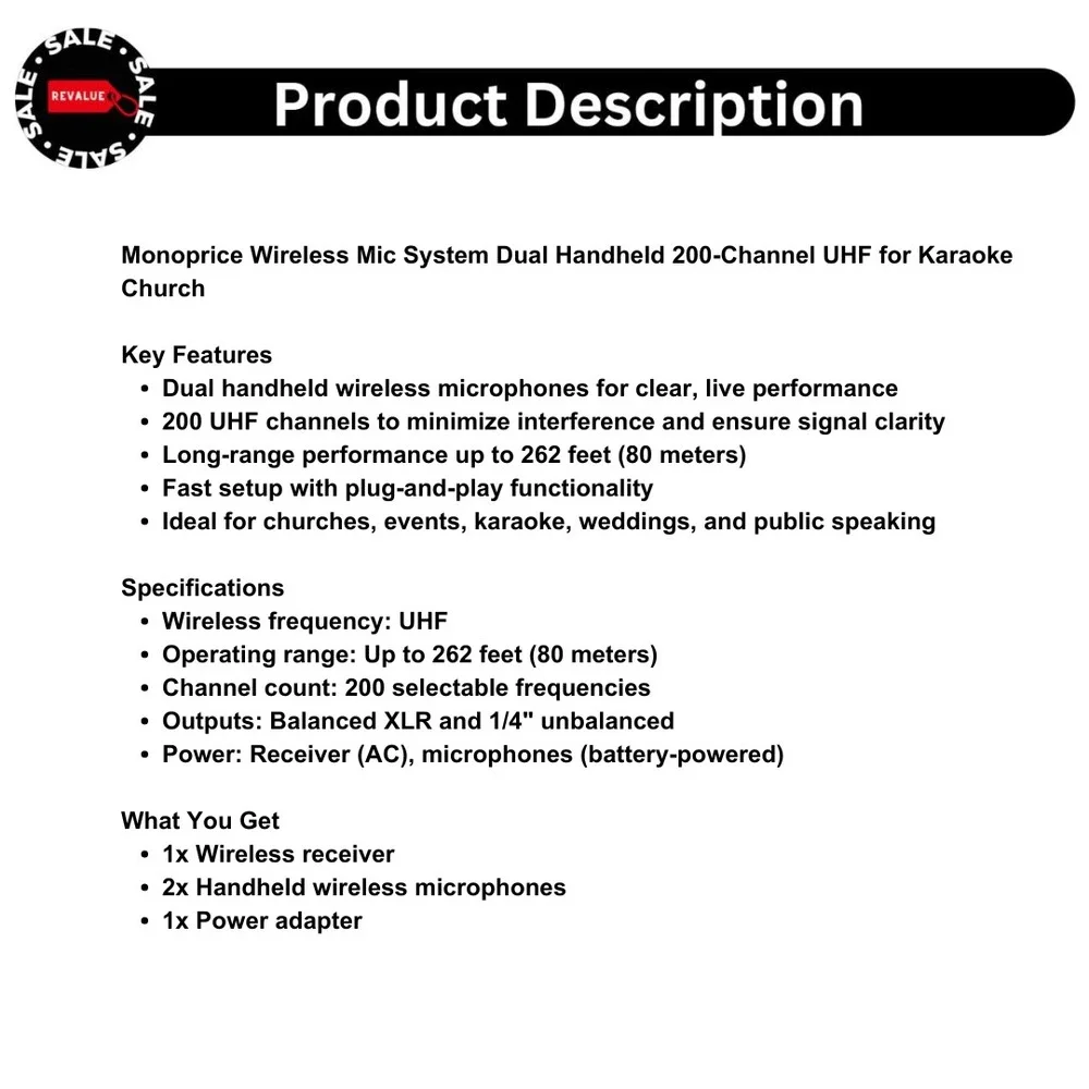 Monoprice Wireless Mic System‎ Dual Handheld 200-Channel UHF for Karaoke Church